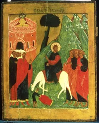 Ikone, die den Einzug Christi in Jerusalem darstellt